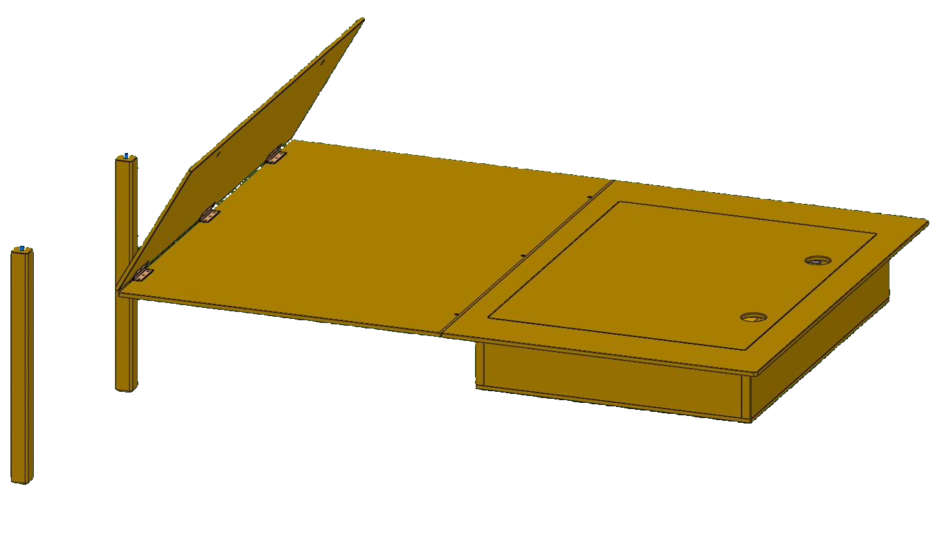 3D-Modell der Rost Box mit hochklappbarer Liegeflächen-Erweiterung und abnehmbaren Tischbeinen